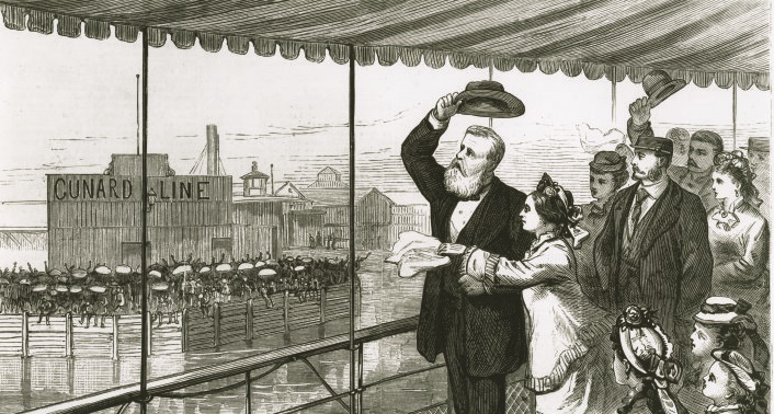 “Nosso visitante imperial — partida para a Europa de Dom Pedro II, imperador do Brasil, no navio ‘Rússia’, 12 de Julho” publicado no Frank Leslie Illustrated Newspaper em 1876 | © New York Public Library “Nosso visitante imperial — partida para a Europa de Dom Pedro II, imperador do Brasil, no navio ‘Rússia’, 12 de Julho” publicado no Frank Leslie Illustrated Newspaper em 1876 | © New York Public Library