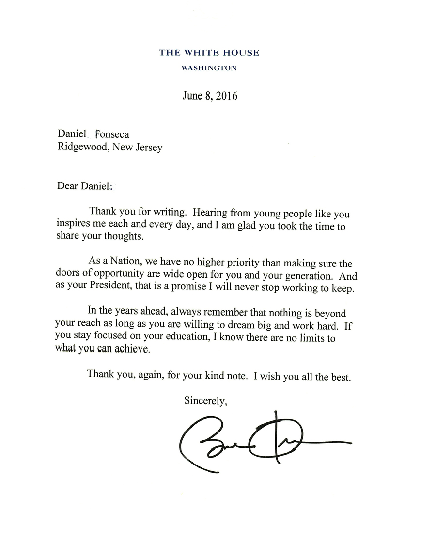Carta de resposta de Barack Obama para garoto brasileiro