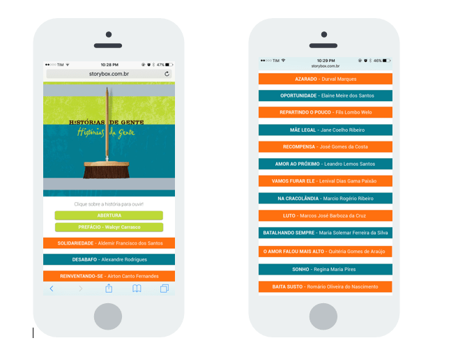 Área da landing page com histórias em áudio