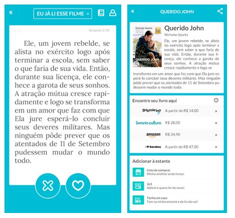 À esquerda, a tela que aparecer previamente para o usuário. Se ele curtir (clicando no <3), é direcionado para a segunda tela onde poderá saber mais e comprar o livro | © Reprodução