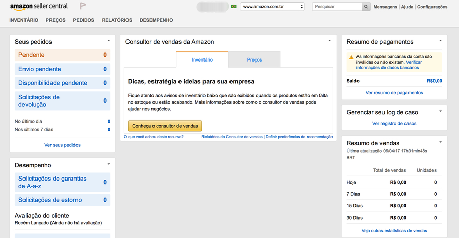 Tela do Seller Central, o painel de controle do vendedor do marketplace da Amazon | © Reprodução