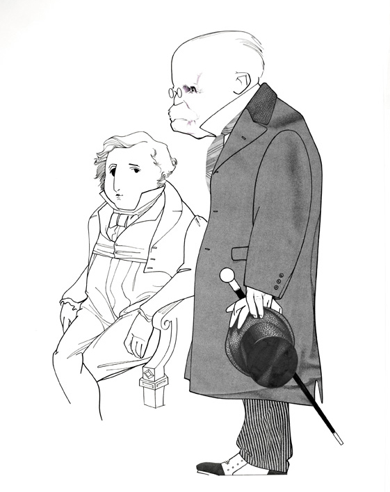 Na charge de Loredano, Evaristo da Veiga (1799-1837), patrono da Cadeira de n&uacute;mero 10 e o fundador Rui Barbosa (1849-1923)