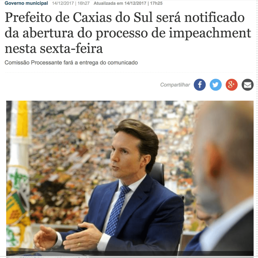 Mais uma matéria do jornal O Pioneiro, desta vez sobre o pedido de impeachment ao prefeito Guerra | © Reprodução