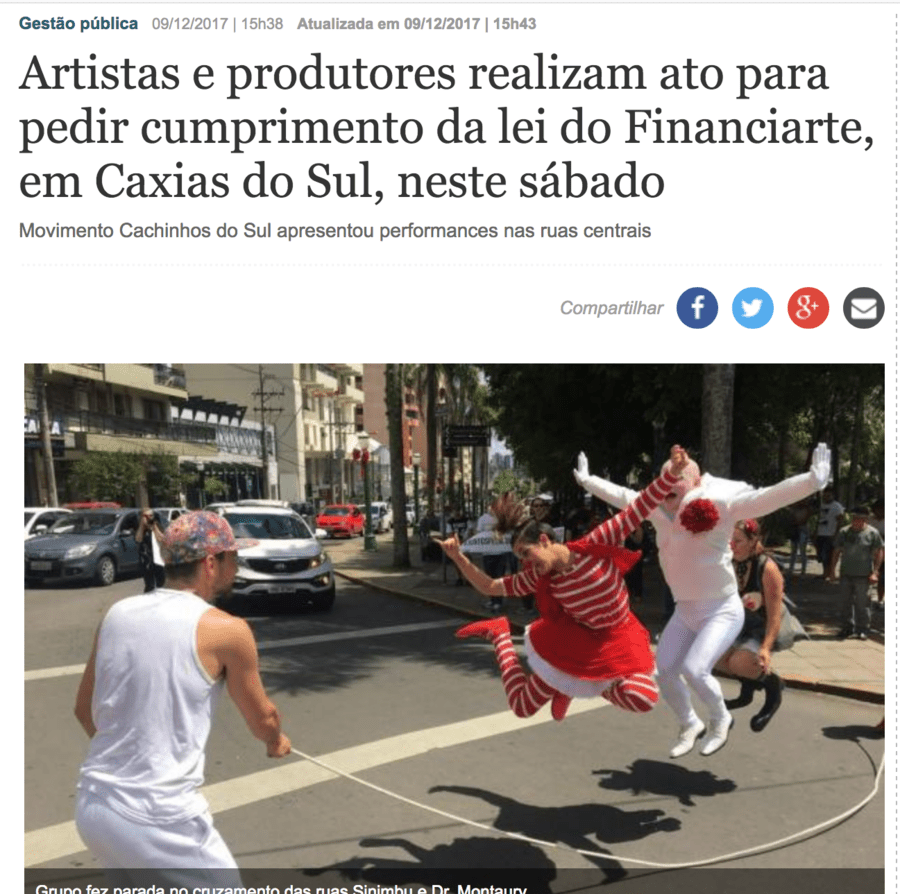 Reprodução de manchete de matéria publicada pelo jornal O Pioneiro, de Caixas, sobre os protestos dos artistas contra o prefeito Guerra | © Reprodução