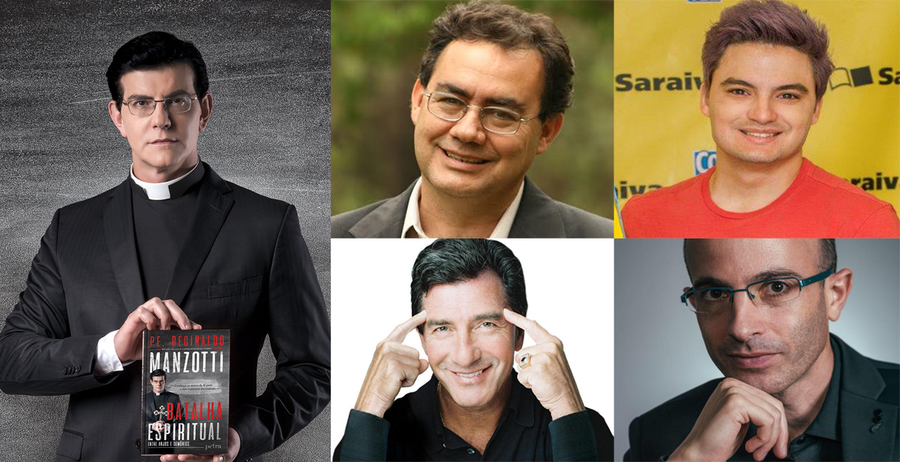 No sentido horário: padre Reginaldo Manzotti, Augusto Cury, Felipe Neto, T. Harv Eker e Yuval Noah Harari, todos autores dos primeiros lugares em cada uma das cinco categorias do Prêmio Avena PublishNews No sentido horário: padre Reginaldo Manzotti, Augusto Cury, Felipe Neto, T. Harv Eker e Yuval Noah Harari, todos autores dos primeiros lugares em cada uma das cinco categorias do Prêmio Avena PublishNews