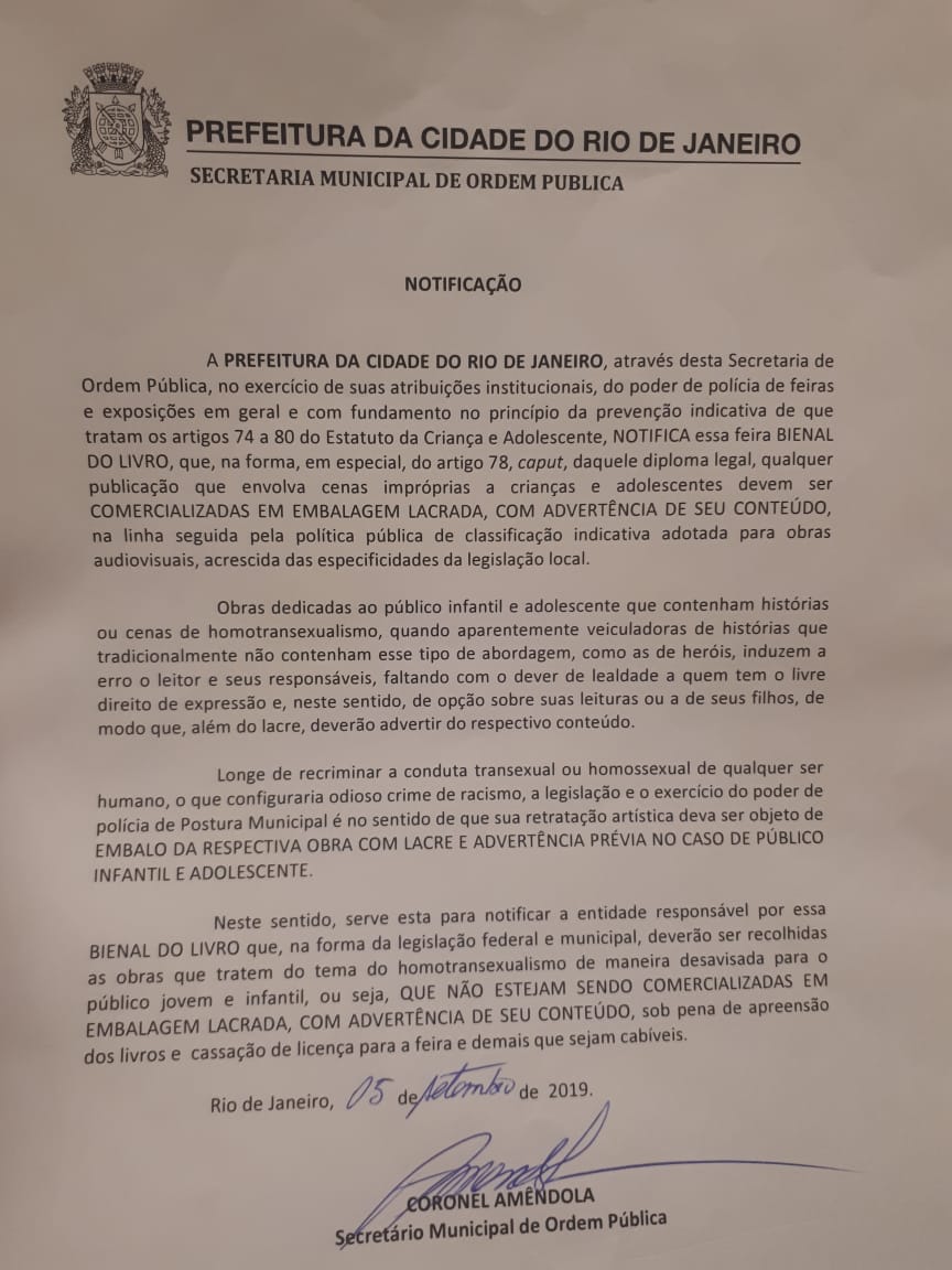 Notificação da Prefeitura do Rio falava em cassação do alvará de funcionamento da Bienal Notificação da Prefeitura do Rio falava em cassação do alvará de funcionamento da Bienal