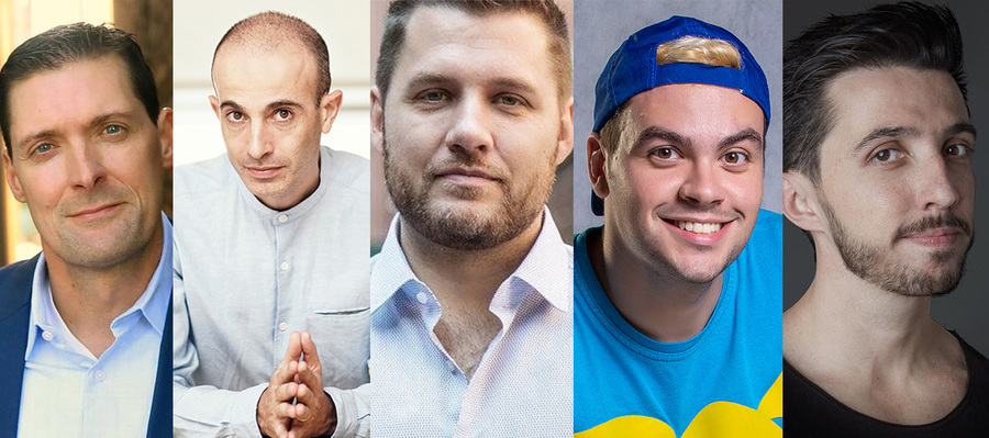Charlie Donlea, Yuval Noah Harari, Mark Manson, Luccas Neto e Caio Carneiro Charlie Donlea, Yuval Noah Harari, Mark Manson, Luccas Neto e Caio Carneiro