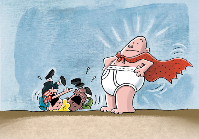 Ilustração de um dos livros da série 'Capitão Cueca', de Dav Pilkey | Reprodução Ilustração de um dos livros da série 'Capitão Cueca', de Dav Pilkey | Reprodução