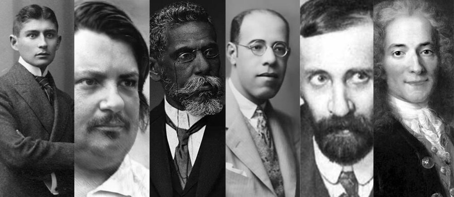 Franz Kafka, Honoré de Balzac, Machado de Assis, Mario de Andrade, Dimitri Merejkovsky e Voltaire | © Divulgação / Michelle Rizzo Franz Kafka, Honoré de Balzac, Machado de Assis, Mario de Andrade, Dimitri Merejkovsky e Voltaire | © Divulgação / Michelle Rizzo