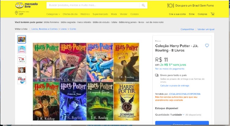 Coleção de PDF dos livros da série 'Harry Potter' era vendida por R$ 11. Anúncio já foi retirado do ar | ©️ Reprodução