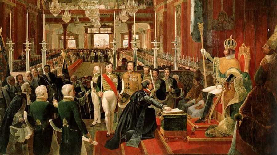 'Coroação de Dom Pedro I do Brasil', de Jean Baptiste Debret, presente no 'Almanaque' 'Coroação de Dom Pedro I do Brasil', de Jean Baptiste Debret, presente no 'Almanaque'