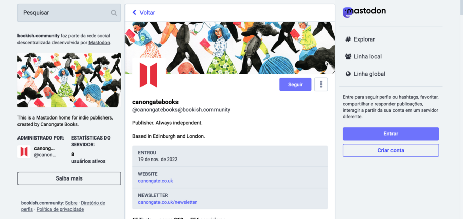 Página da Canongate na Mastodon, nova rede social
