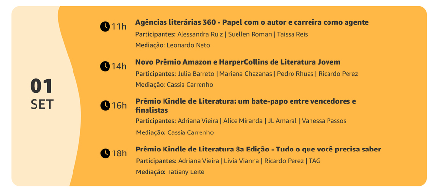 Programação do dia 1º/09 no estande da Amazon Brasil na Bienal do Livro Rio