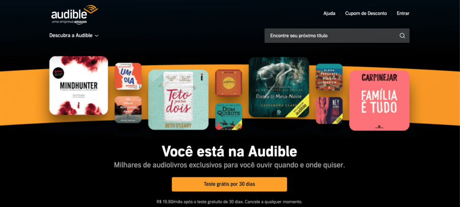 Capa atual da Audible no Brasil; apesar de já estar no ar, serviço ainda está em fase de testes