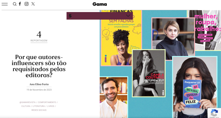 Matéria na Revista Gama discute os novos livros lançados por influenciadores | © Reprodução/Revista Gama Matéria na Revista Gama discute os novos livros lançados por influenciadores | © Reprodução/Revista Gama