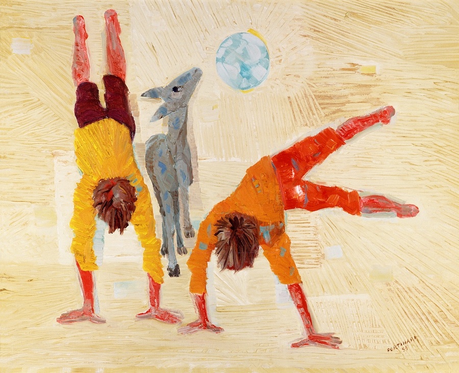 'Meninos Brincando': obra de 1955 retrata a brincadeira de dois meninos que plantam bananeira perto de um burrinho | © Projeto Portinari / Flipetrópolis 'Meninos Brincando': obra de 1955 retrata a brincadeira de dois meninos que plantam bananeira perto de um burrinho | © Projeto Portinari / Flipetrópolis