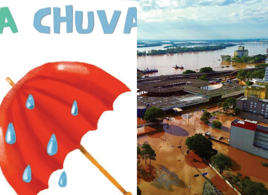 Detalhe da capa do livro 'E a chuva...' e imagem do Centro Histórico de Porto Alegre alagado pela elevação do Guaíba | © Gustavo Garbino/ PMPA