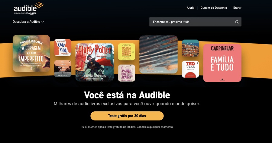 O plano mensal da Audible tem o valor de R$ 19,90 por mês | © Reprodução Audible