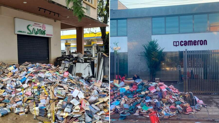 Fotos das Livrarias Santos e Cameron, duas das empresas atingidas pela tragédia climática no RS | © Santos / Cameron