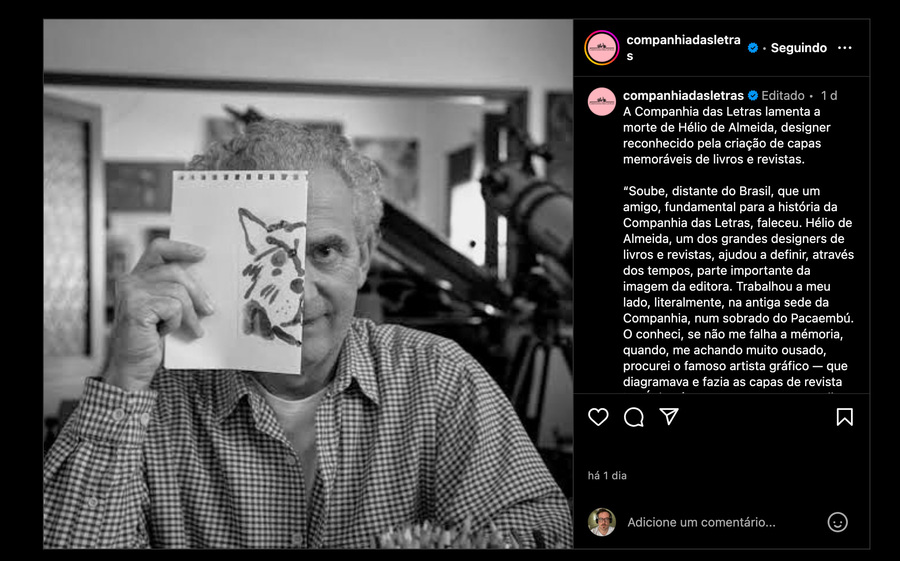 Post nas redes sociais da Companhia das Letras lamenta a morte do designer gráfico Hélio de Almeida | © Reprodução / Instagram