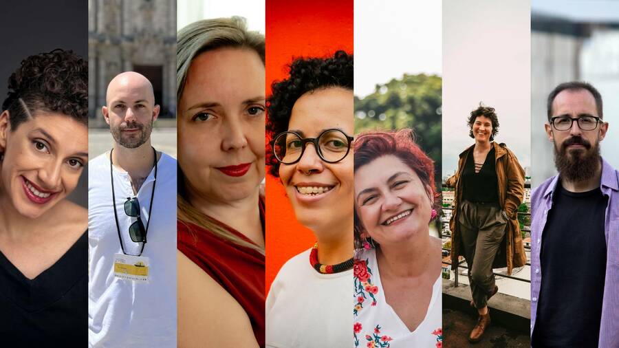 Da esquerda: Luiza Romão, Thiago Ponce de Moraes, Ana Rüsche, Lubi Prates, Cida Pedrosa, Júlia de Carvalho Hansen e Rodrigo P. Vianna