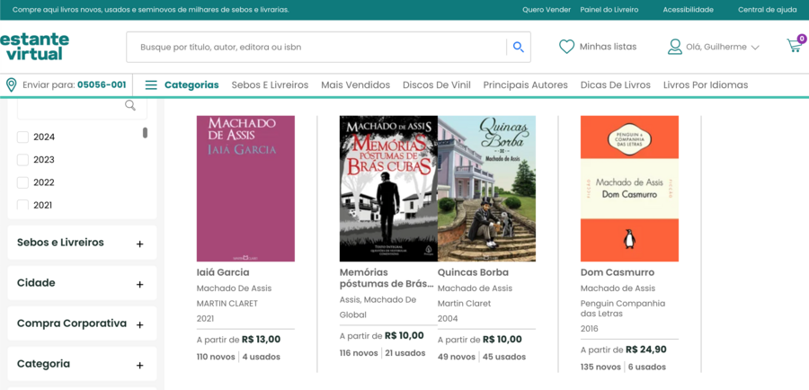 Amostra da página de buscas atual da Estante Virtual na versão desktop | © Print de 28/08/2024 Amostra da página de buscas atual da Estante Virtual na versão desktop | © Print de 28/08/2024