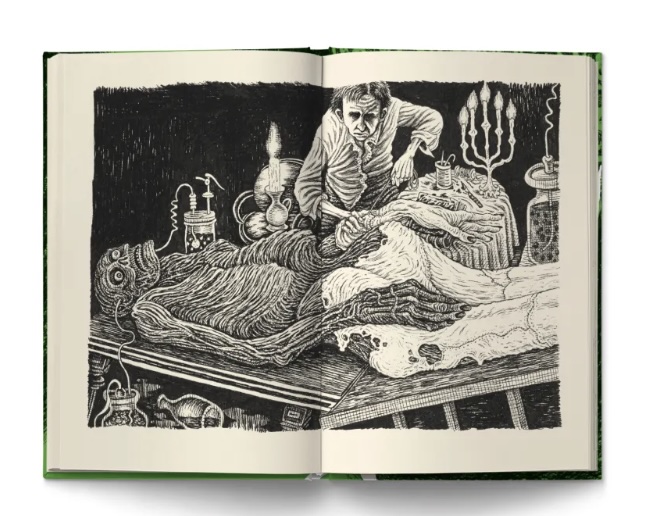 Ilustração em dupla de páginas da edição de 'Frankenstein', da Antofágica | © Divulgação Ilustração em dupla de páginas da edição de 'Frankenstein', da Antofágica | © Divulgação
