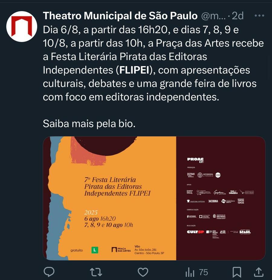 Postagem sobre programação da Flipei realizada pelo perfil do Theatro Municipal no 'X' | © Reprodução Postagem sobre programação da Flipei realizada pelo perfil do Theatro Municipal no 'X' | © Reprodução