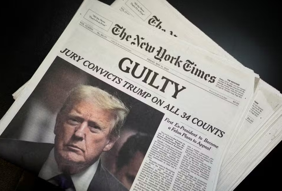Manchete do NYT após condenação de Trump, em 2024 © Stephani Spindel, da Reuters