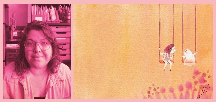 Camila Carrossine e uma ilustração do livro campeão
