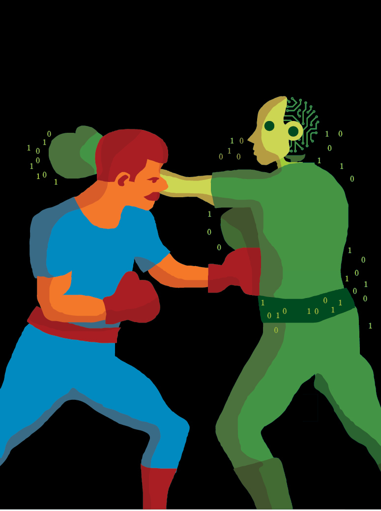 Ilustração de capa da Revista PublishNews #2, feita pelo artista visual Daniel Kondo: quem ganha essa briga? | &copy; Daniel Kondo / PublishNews