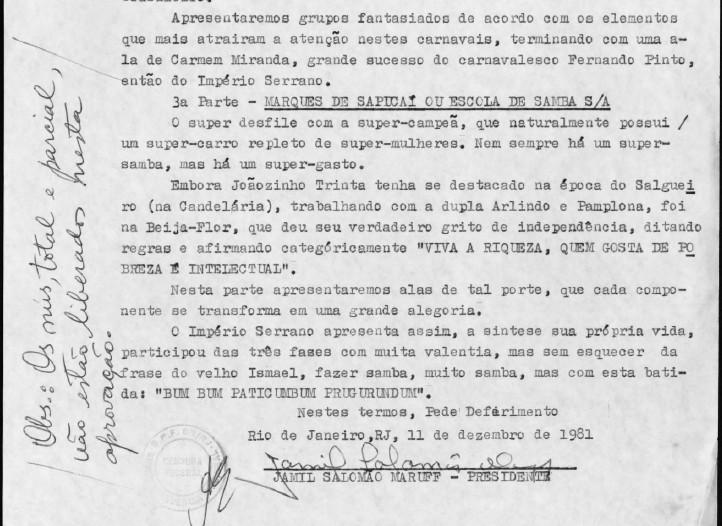 Requerimento feito para o Serviço de Censura para aprovar o Enredo de Bum Bum Baticumbum Prucurundum; 