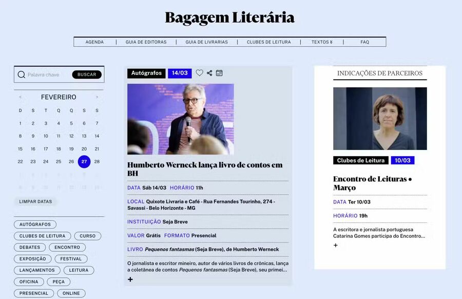 Print da seção Bagagem Literária, no site da Revista Quatro Cinco Um | &copy; Reprodução