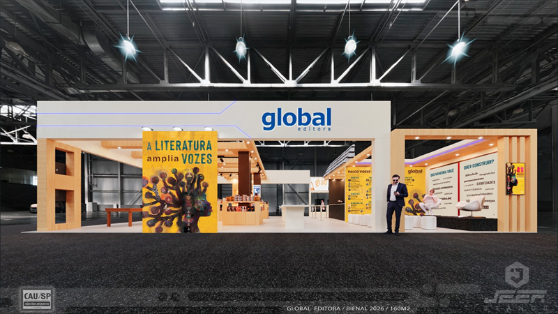 Croqui do estande da Global na Bienal 2026 | © Global Editora Croqui do estande da Global na Bienal 2026 | © Global Editora