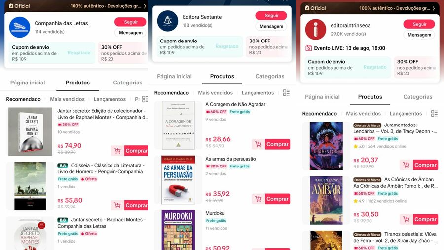 Grandes editoras já têm lojas específicas no TikTok Shop | © Reprodução Grandes editoras já têm lojas específicas no TikTok Shop | © Reprodução