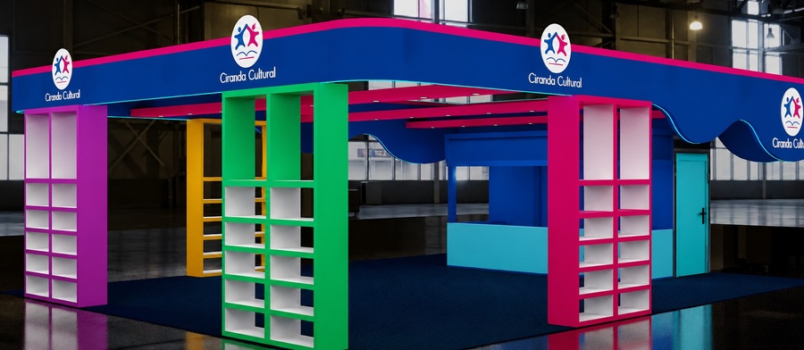 Mockup de parte do estande da Ciranda Cultural na Bienal do Livro de São Paulo 2026 | &copy; Ciranda Cultural